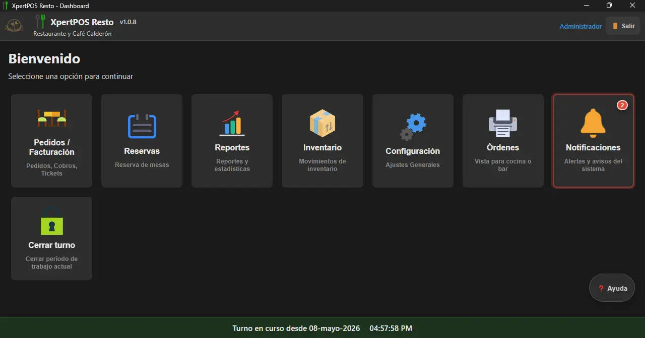 Panel principal de XpertPOS Resto con ventas, mesas y alertas del día